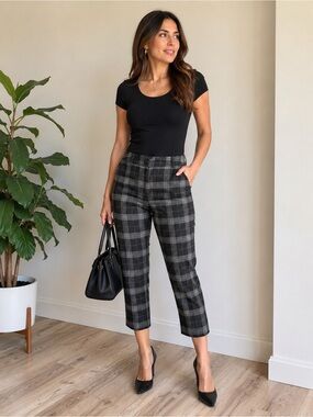 Cleo Petites Gray Plaid Cropped Dress Pants Size 6 | Stretch Career Office Ankle